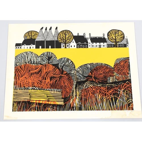 517 - Robert Tavener (1920 - 2004), Kentish village with oast houses, linocut print, signed in pencil, no.... 