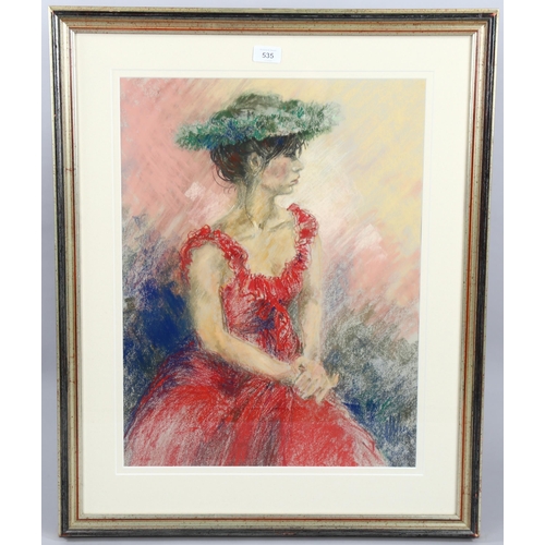 535 - Maureen Jordan, the green hat, coloured pastels, signed, 55cm x 42cm, framed