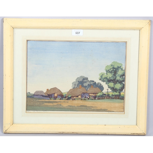 537 - Kenneth Broad, a Sussex farm, colour woodblock print, signed in pencil, no. 49/150, image 25cm x 35c... 