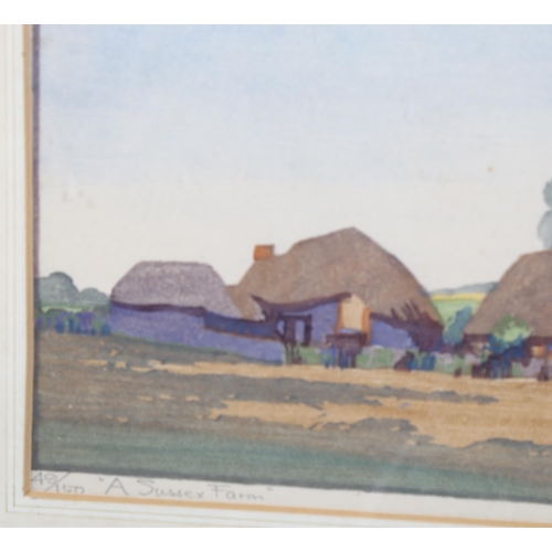 537 - Kenneth Broad, a Sussex farm, colour woodblock print, signed in pencil, no. 49/150, image 25cm x 35c... 