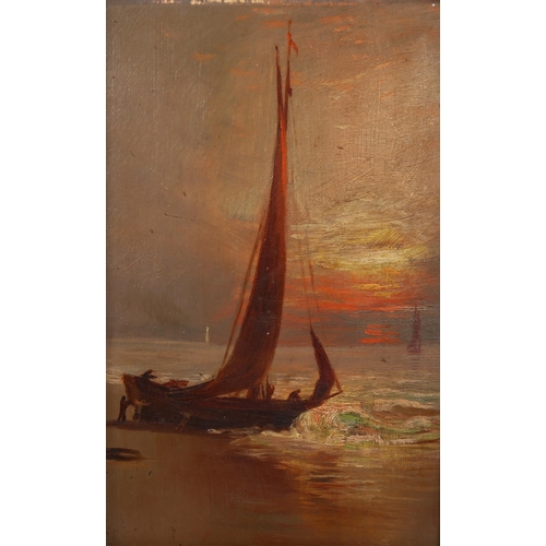 538 - George Hyde Pownall, launching the boat at daybreak, oil on board, 21cm x 13cm, framed