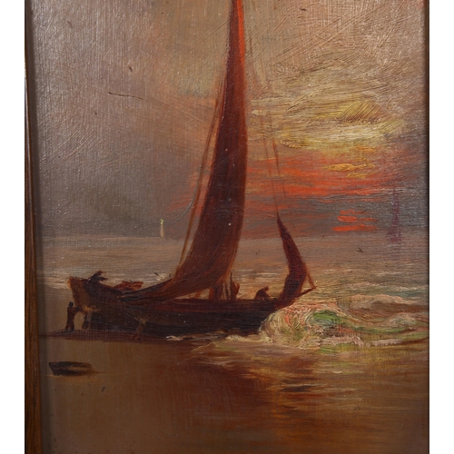 538 - George Hyde Pownall, launching the boat at daybreak, oil on board, 21cm x 13cm, framed