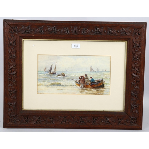 555 - William Henry Borrow, Hastings fishing fleet, signed, 18cm x 33cm, framed