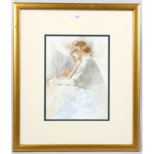 562 - Watercolour, woman playing the harp, early 20th century, unsigned, 31cm x 23cm, framed