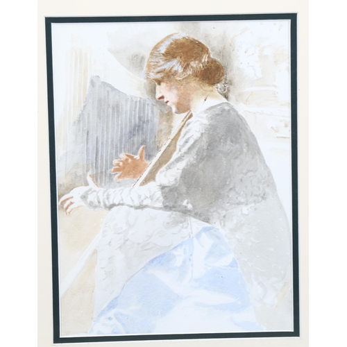 562 - Watercolour, woman playing the harp, early 20th century, unsigned, 31cm x 23cm, framed