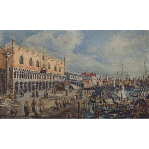 570 - 19th century watercolour, busy scene in Venice, unsigned, 10cm x 17cm, mounted