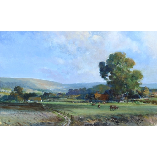 609 - Norman Dinnage, The Downs near Eastbourne, oil on board, signed, 28cm x 46cm, framed