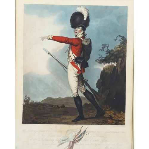 618 - Hand coloured aquatint, portrait of a soldier, published 1801, image 32cm x 28cm, framed