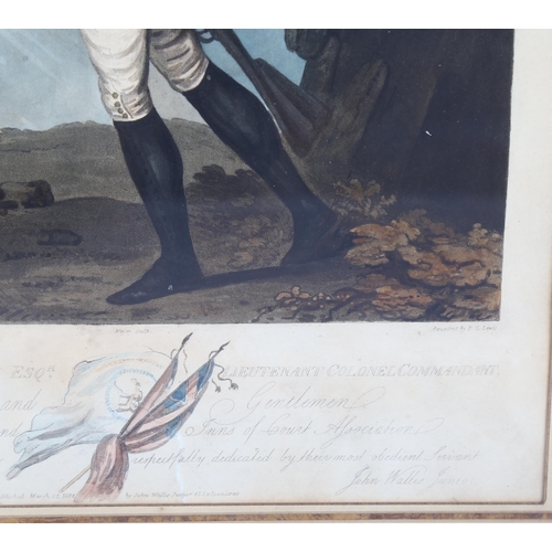 618 - Hand coloured aquatint, portrait of a soldier, published 1801, image 32cm x 28cm, framed