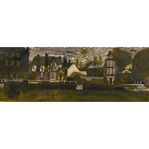 810 - Myers, Newnham Mill Pond Cambridge, linocut print, signed in pencil, 1973, image 28cm x 71cm, framed