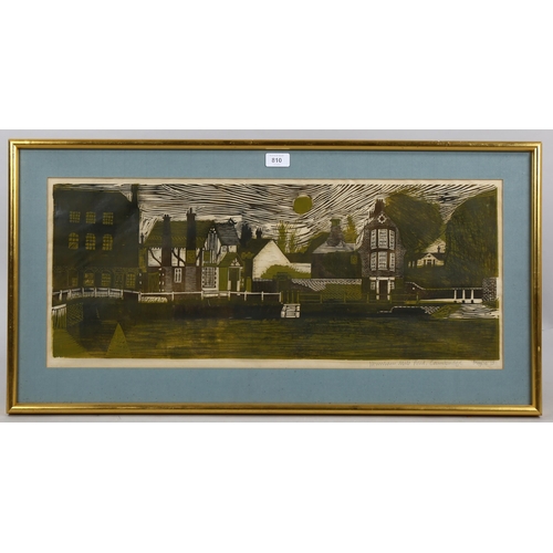 810 - Myers, Newnham Mill Pond Cambridge, linocut print, signed in pencil, 1973, image 28cm x 71cm, framed