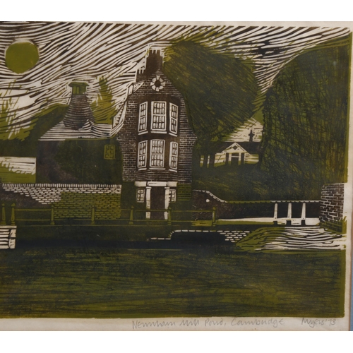 810 - Myers, Newnham Mill Pond Cambridge, linocut print, signed in pencil, 1973, image 28cm x 71cm, framed