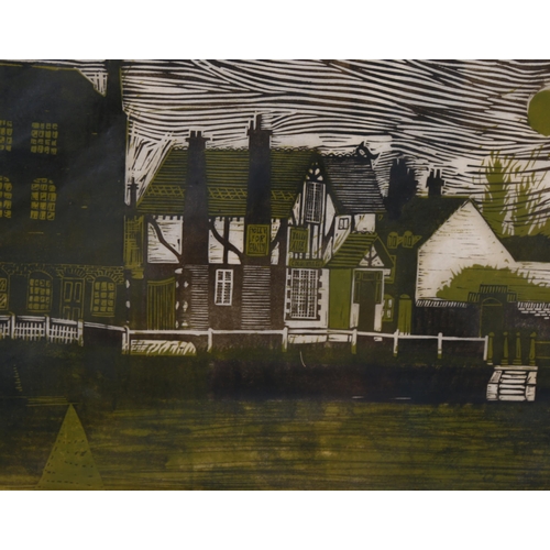 810 - Myers, Newnham Mill Pond Cambridge, linocut print, signed in pencil, 1973, image 28cm x 71cm, framed