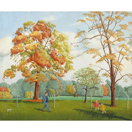 811 - Ula Paine, park scene, oil on canvas, signed and dated 1957, 63cm x 75cm, framed