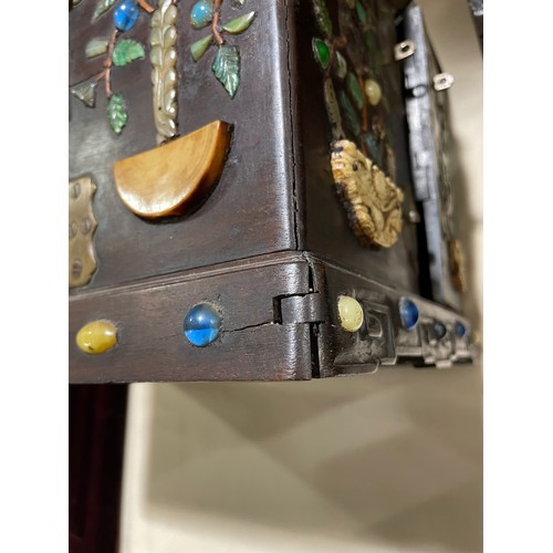 34 - An antique Chinese hardwood marriage / vanity cabinet, with jade, gemstone and ivory inlay, depictin... 