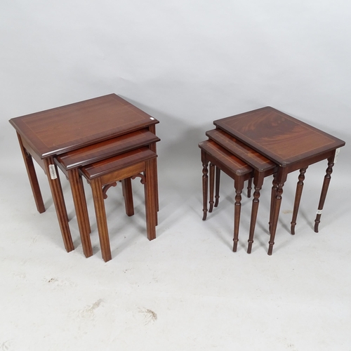 2009 - A reproduction mahogany and satinwood strung nest of three occasional tables. Largest 58x56x45, and ... 