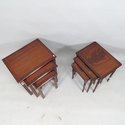 2009 - A reproduction mahogany and satinwood strung nest of three occasional tables. Largest 58x56x45, and ... 