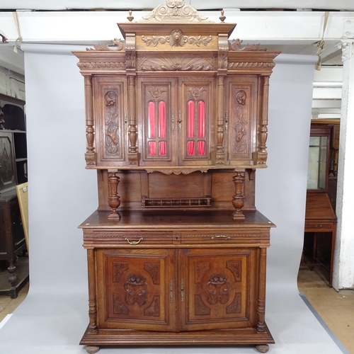 2083 - An antique French carved oak three section buffet, 145cm x 255cm x 55cm