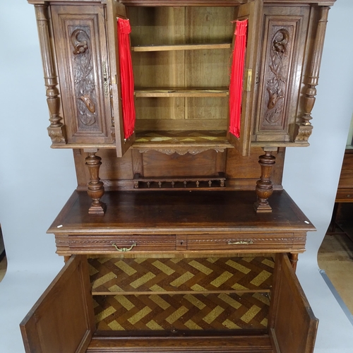 2083 - An antique French carved oak three section buffet, 145cm x 255cm x 55cm