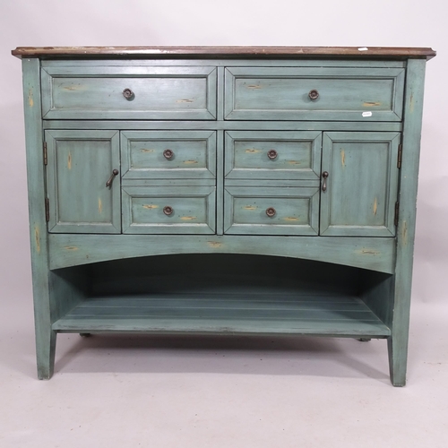 2106 - A painted wood and mahogany topped side cabinet with four fitted drawers and two cupboards. 118cm x ... 