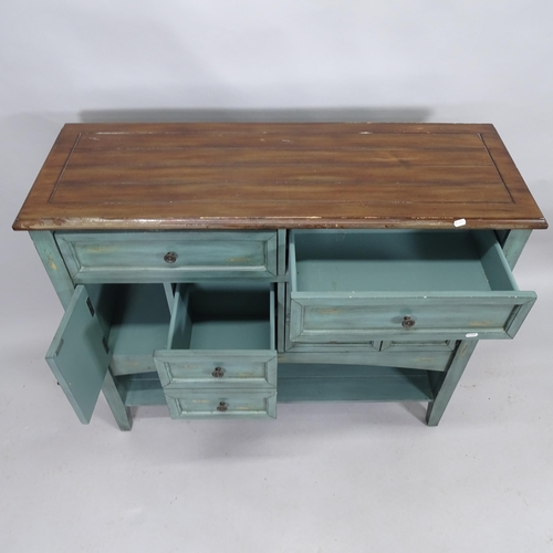 2106 - A painted wood and mahogany topped side cabinet with four fitted drawers and two cupboards. 118cm x ... 