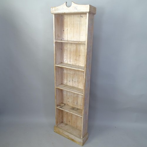 2113 - A vintage pine open bookcase with four fixed shelves. 52cm x 185cm x 18cm