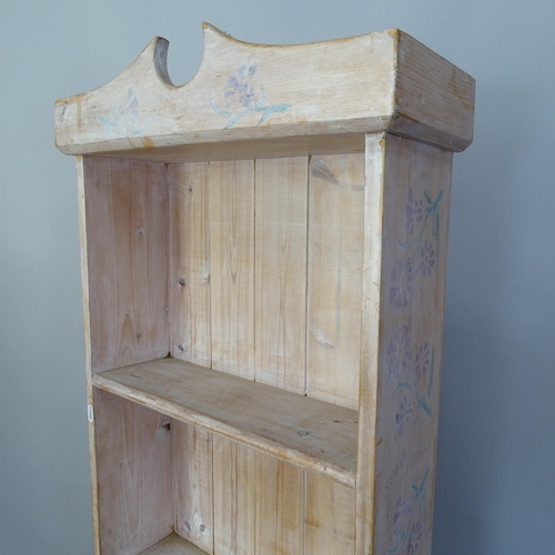 2113 - A vintage pine open bookcase with four fixed shelves. 52cm x 185cm x 18cm