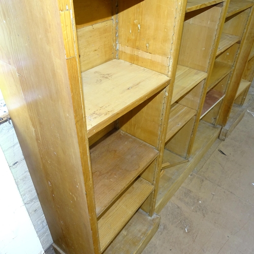 2133 - A large and impressive vintage pine three section bookcase with adjustable shelves. 210cm x 242cm x ... 