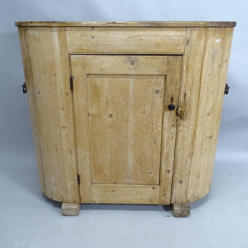 2147 - A vintage pine bow front single door cabinet with shelved interior. 110cm x 98cm x 40cm