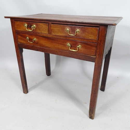 2157 - An antique oak lowboy with three fitted drawers. 86cm x 76cm x 50cm