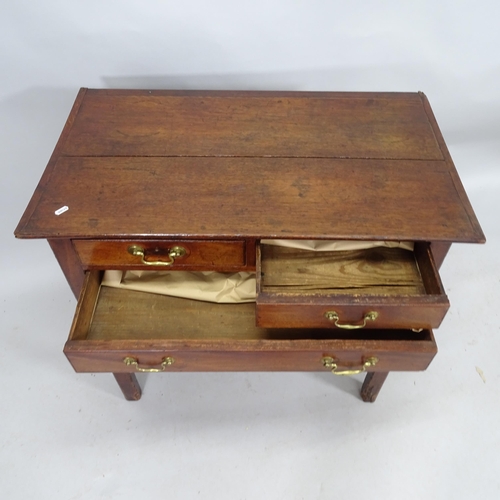 2157 - An antique oak lowboy with three fitted drawers. 86cm x 76cm x 50cm