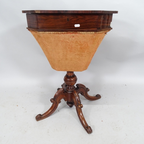 2163 - An antique rosewood sewing table with lifting lid revealing fitted interior. 53 x 73 x 40cm.