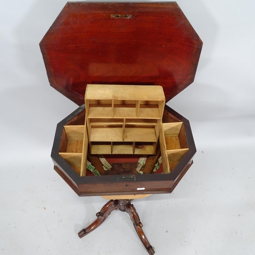 2163 - An antique rosewood sewing table with lifting lid revealing fitted interior. 53 x 73 x 40cm.