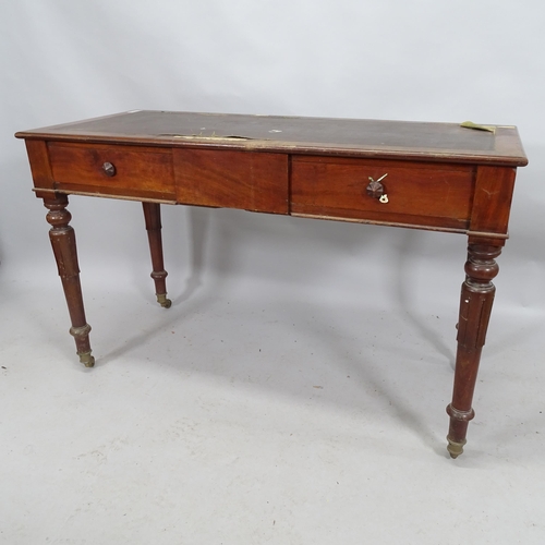 2167 - A Victorian mahogany side table with three fitted drawers, raised on turned legs. 130cm x 80cm x 57c... 