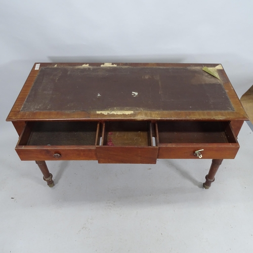 2167 - A Victorian mahogany side table with three fitted drawers, raised on turned legs. 130cm x 80cm x 57c... 