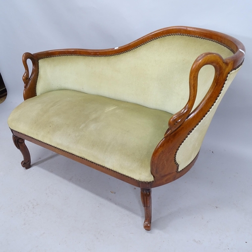 2168 - A mahogany and upholstered Biedermeier style salon settee with carved swan decoration. 130cm x 80cm ... 