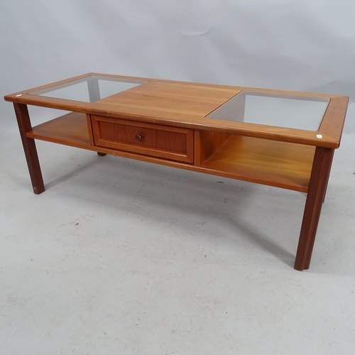 2188 - A mid-century teak G-plan two-tier coffee table with inset glass tops and fitted drawer, 122cm x 44c... 