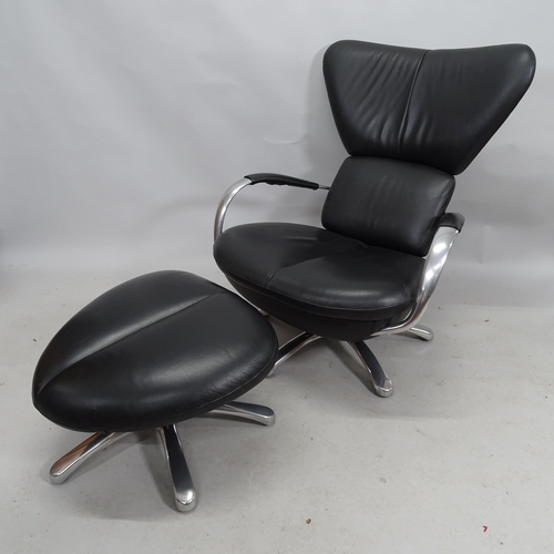 2192 - A Leolux reclining swivel leather lounge chair and footstool, Formi Phase 2, designed by Frans Schro... 