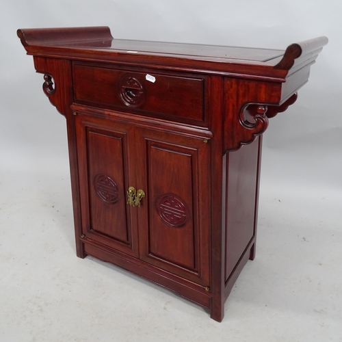 2196 - A modern Oriental hardwood altar table, with single fitted draw and cupboards under. 75cm x 75cm x 3... 