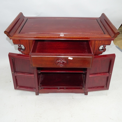 2196 - A modern Oriental hardwood altar table, with single fitted draw and cupboards under. 75cm x 75cm x 3... 