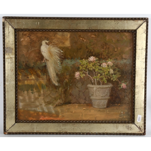 106 - Robert Bower, peacock and pot plant on a terrace, oil on wood panel, inscribed verso, 30cm x 39cm, f... 