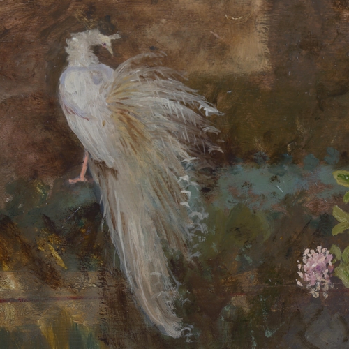 106 - Robert Bower, peacock and pot plant on a terrace, oil on wood panel, inscribed verso, 30cm x 39cm, f... 