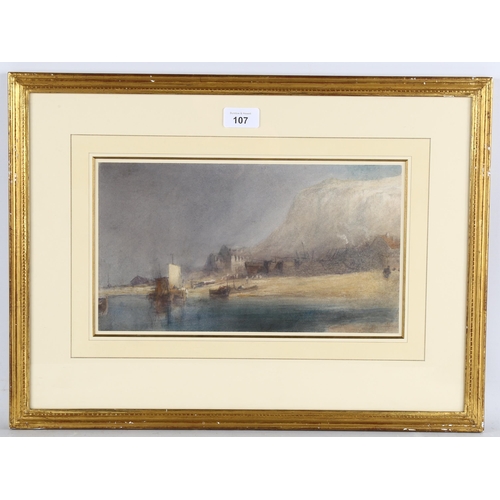 107 - Alfred William Hunt (1830 - 1896), fishing boats Whitby, watercolour, 18cm x 33cm, framed