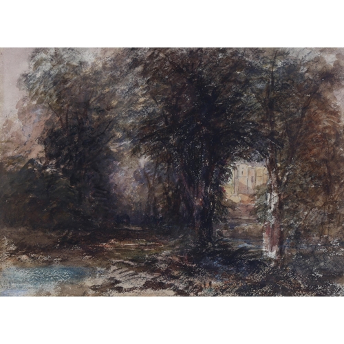 114 - David Cox (1783 - 1859), wall of Kenilworth Castle through the trees, watercolour, Exhibition label ... 