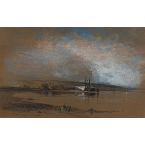 116 - Henry Bright (1810 - 1873), a coastal harbour, charcoal/watercolour on brown paper, signed with mono... 