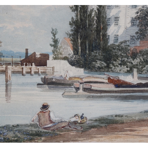 117 - John Varley OWS (1778 - 1842), barges by the Priory Mill at Ware on the River Lea, pencil/watercolou... 