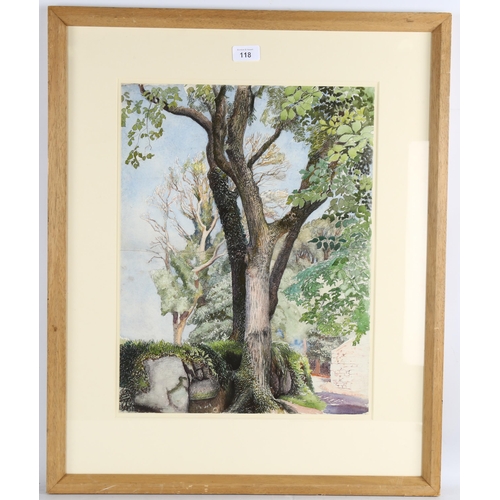 118 - Eleanor Hughes RI (1882 - 1959), trees beside a wall, watercolour, 47cm x 36cm, framed