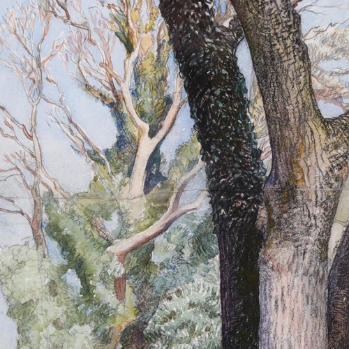 118 - Eleanor Hughes RI (1882 - 1959), trees beside a wall, watercolour, 47cm x 36cm, framed