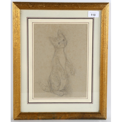 119 - Anne Harriet Fish (1890 - 1964), cat study, pencil on grey paper, 26cm x 19cm, framed