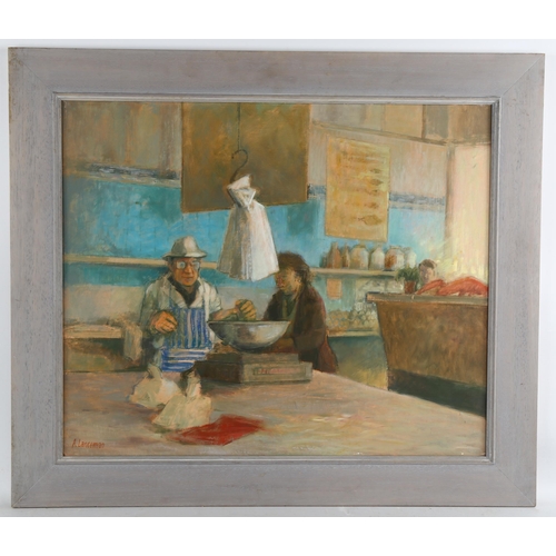 120 - Audrey Lanceman (born 1931), the grocer's shop, oil on board, signed, 50cm x 60cm, framed